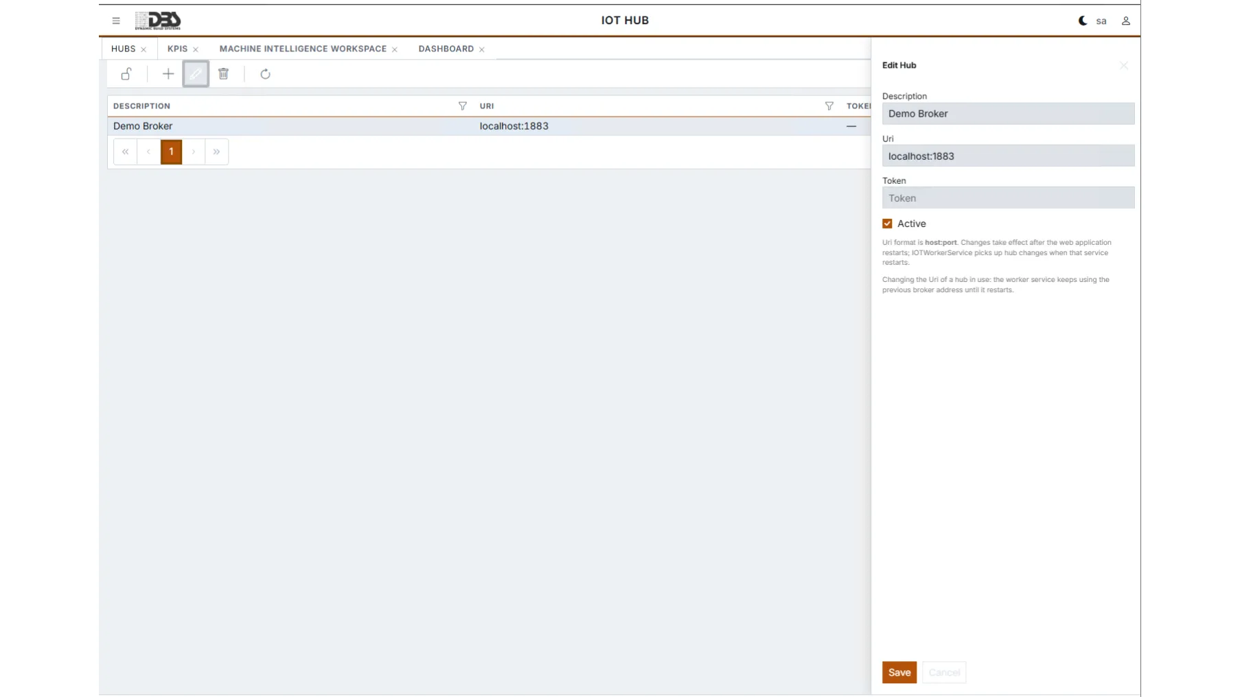 Hub Management: list of MQTT hub instances with a detail editor and URI validation